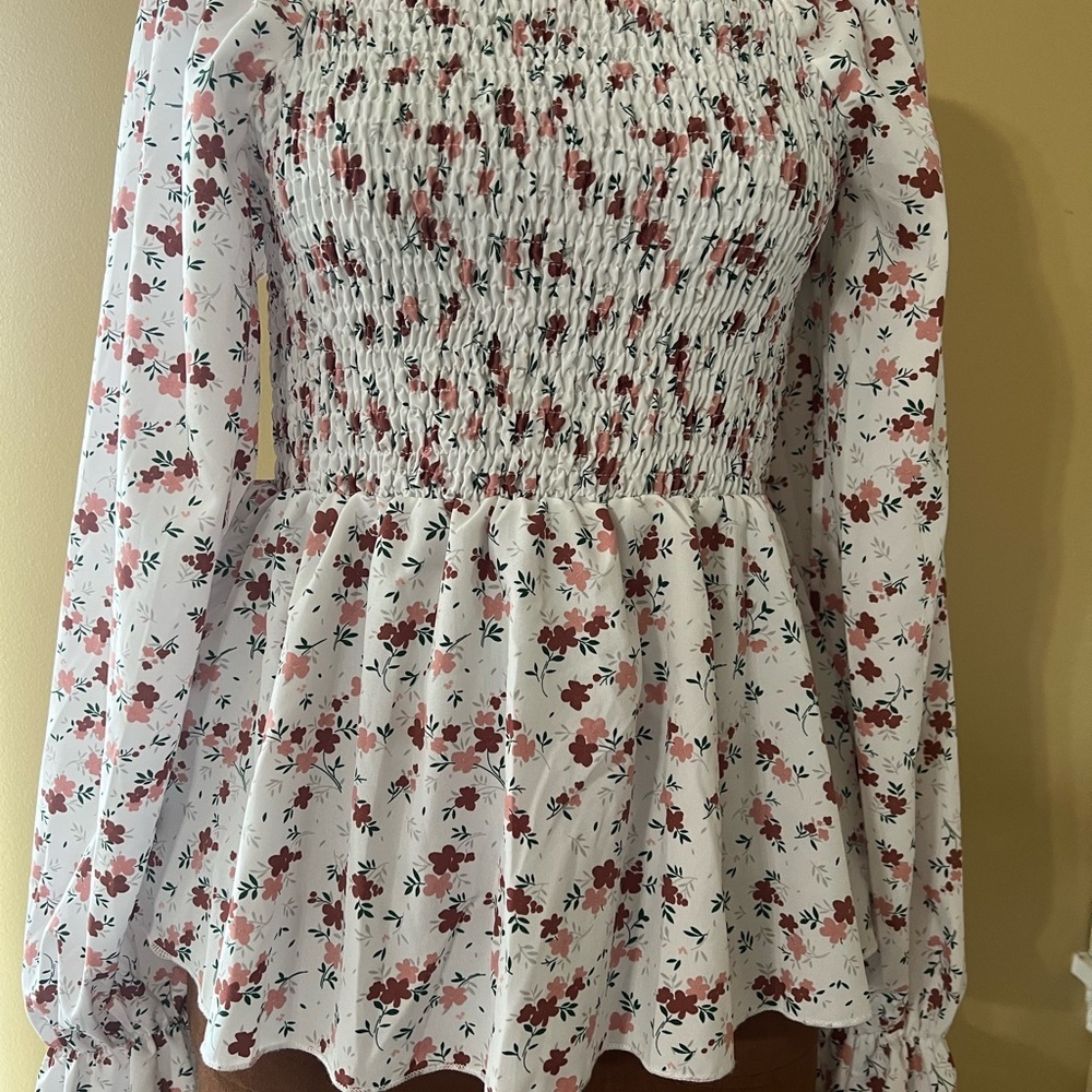 SHEIN White Cream Smocked Peplum Blouse